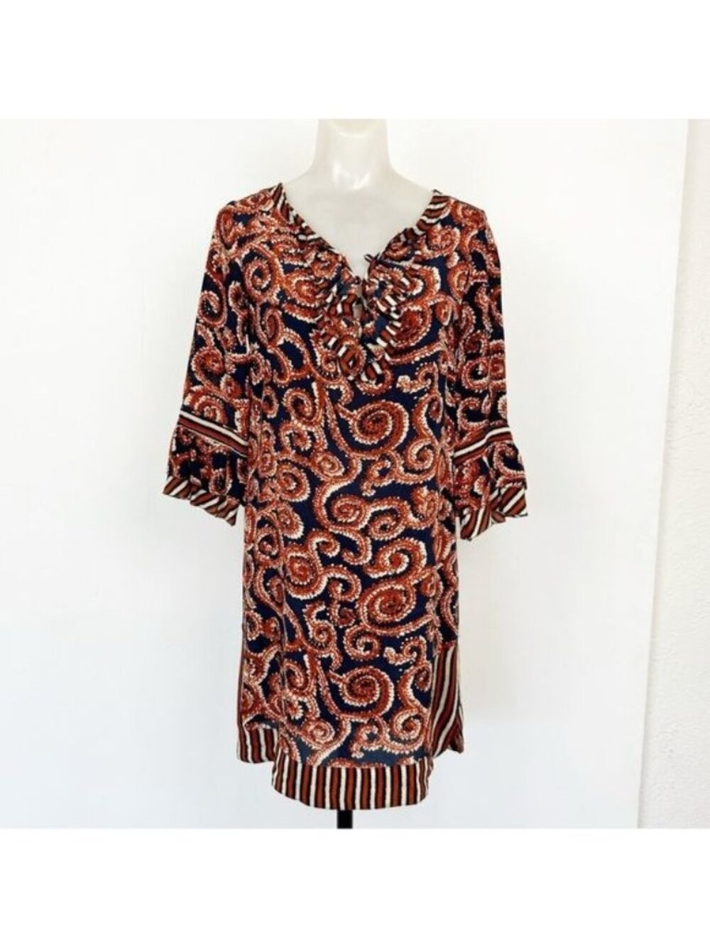 Tory Burch 100% Silk Gwenna Dress Tunic Navy & Rust Orange Swirled Print Medium